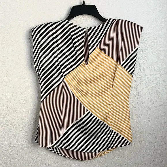 MNG Mango Brown Yellow Black White Stripes Padded shoulder Casual Blouse Tops 6 - Picture 3 of 8